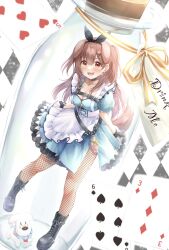 1girl absurdres alice_(alice_in_wonderland) alice_in_wonderland animal_ears apron baumku_techen black_boots black_choker black_gloves black_hairband black_pantyhose blue_dress blush boots bottle bow_hairband breast_strap breasts brown_eyes brown_hair card_(medium) checkered_clothes checkered_skirt chest_belt chest_harness choker cleavage commentary_request cosplay dog_ears dog_girl dog_tail double-parted_bangs dress earrings extra_ears fangs fingerless_gloves fishnet_pantyhose fishnets frilled_apron frills full_body gloves hair_between_eyes hair_ornament hairband hairclip harness heart-shaped_lock highres hololive hoso-inu in_bottle in_container inugami_korone inugami_korone_(wonderland) jar jewelry key key_necklace lace-up_boots large_breasts long_hair looking_at_viewer necklace o-ring o-ring_choker official_alternate_costume official_alternate_hair_length official_alternate_hairstyle open_mouth oversized_object pantyhose playing_card_earrings poker potion short_dress side_slit skirt skirt_hold skirt_under_dress solo tail two_side_up underbust vial virtual_youtuber waist_apron white_apron