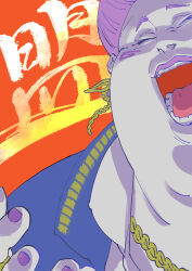 1girl bleach bleach:_sennen_kessen-hen blue_jacket closed_eyes collared_shirt earrings fat fat_woman highres hikifune_kirio jacket jewelry kubo_tite laughing lipstick makeup necklace official_alternate_costume official_art open_mouth pink_hair pink_lips portrait purple_nails shirt short_hair solo swirl