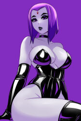 1girl black_leotard black_lips boots breasts choker cleavage colored_skin dc_comics eyeshadow forehead_jewel gloves grey_skin highleg highleg_leotard highres large_breasts latex latex_boots latex_gloves latex_leotard leotard looking_at_viewer makeup purple_hair raven_(dc) raven_nemore solo teen_titans thigh_boots