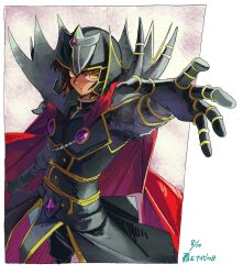 Rule 34 | armor, blonde hair, brown hair, cape, collared cape, dark persona, gem, helm, helmet, jewelry, narrow waist, pauldrons, purple gemstone, reaching, reaching towards viewer, red cape, shoulder armor, shoulder spikes, spiked armor, spikes, supreme king (yu-gi-oh! gx), tawashipurin, yu-gi-oh!, yu-gi-oh! gx, yuki judai