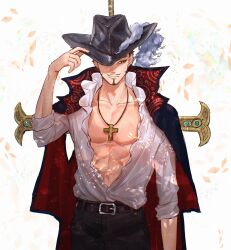 Rule 34 | 1boy, abs, absurdres, belt, belt buckle, black coat, black hair, black hat, buckle, coat, coat on shoulders, cross, cross necklace, dracule mihawk, facial hair, frilled shirt, frills, hat, hat tip, highres, jewelry, male focus, necklace, one piece, open clothes, open shirt, pectorals, sc scandium, shirt, short hair, simple background, solo, sword, sword on back, weapon, weapon on back, white shirt, yellow eyes