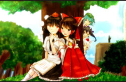 5girls animal_ears ark_tr black_hair black_skirt blue_sky blush camera_phone cellphone detached_sleeves frilled_skirt frills grass green_hat hair_bobbles hair_ornament hakurei_reimu hands_on_own_knees hat hiding highres himekaidou_hatate inubashiri_momiji kawashiro_nitori looking_at_another multiple_girls peeking_out phone pom_pom_(clothes) red_eyes red_hat ribbon-trimmed_sleeves ribbon_trim shameimaru_aya shirt short_hair shoulder-to-shoulder sitting skirt sky tengu tokin_hat touhou tree two_side_up watching white_hair white_shirt wolf_ears wolf_girl yuri