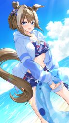 Rule 34 | 1girl, absurdres, animal ears, beach, bikini, bikini shorts, blue bikini, blue eyes, blue jacket, blue sky, blue swim trunks, blush, brown hair, cheval grand (summer calm navy drop) (umamusume), cheval grand (umamusume), cloud, collarbone, ear ornament, hair between eyes, hair ornament, highres, holding, holding swim ring, horse ears, horse girl, horse tail, innertube, jacket, jewelry, looking at viewer, multicolored hair, navel, necklace, ocean, official alternate costume, outdoors, shorts, sky, solo, streaked hair, sunny (20597521), swim ring, swimsuit, tail, umamusume, water, white hair, white streaks