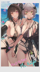 2girls architect_(girls&#039;_frontline) architect_(nvw_model)_(girls&#039;_frontline) barcode barcode_tattoo beach belt bikini black_belt black_bikini black_choker black_gloves black_hair breasts cape choker collarbone commentary day dutch_angle elbow_gloves eliskalti english_commentary english_text fingerless_gloves gager_(girls&#039;_frontline) girls&#039;_frontline gloves green_eyes grey_hair grin highres holding_hands jewelry large_breasts linea_alba long_hair looking_at_another mixed-language_commentary multiple_girls navel necklace ocean one_eye_closed outdoors patreon_username photo_(object) pink_eyes sangvis_ferri selfie side_ponytail smile swimsuit tattoo torn_cape torn_clothes