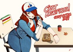 1girl baseball_cap blue_jacket blue_pants canada canada_day cheese commentary cropped_jacket cup denim disposable_coffee_cup disposable_cup eightyfourart english_commentary eyelashes food french_fries french_text gravy hat highres jacket jeans jewelry kirijou_mitsuru leaf long_hair maple_leaf montreal_expos necklace on_chair open_clothes open_jacket pants persona persona_3 poutine red_eyes red_hair red_lips red_shirt shirt simple_background solo table thighs tim_hortons tower white_background