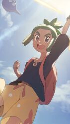 1boy :d arm_up backpack bag clenched_hand cloud commentary_request day gen_7_pokemon green_hair hau_(pokemon) highres legendary_pokemon male_focus nintendo odd_(hin_yari) open_mouth orange_bag outdoors pokemon pokemon_(creature) pokemon_sm short_hair shorts sky smile tapu_fini teeth upper_teeth_only yellow_shorts