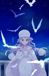 1girl anastasia_hoshin bird blue_eyes cape closed_mouth dress feathers fur_cape fur_hat hair_ornament hat jewelry long_hair looking_at_viewer outdoors parupin pendant purple_hair re:zero_kara_hajimeru_isekai_seikatsu sky solo star_(sky) star_(symbol) star_hair_ornament starry_sky white_dress