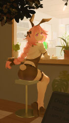 1boy animal_ears ass astolfo_(fate) black_bow bow braid cactus cafe cake closed_mouth crossed_legs drinking drinking_straw drinking_straw_in_mouth facing_away fate/apocrypha fate/grand_order fate_(series) food hair_bow hair_intakes highres looking_at_viewer menu_board multiple_hair_bows non-web_source overhead_lights pink_eyes pink_hair plant potted_plant rabbit_ears single_braid sitting strawberry_cake trap