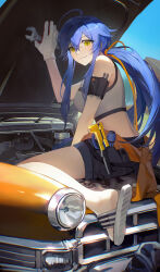 Rule 34 | 1girl, absurdres, ahoge, bare shoulders, black shorts, blue hair, breasts, car, closed mouth, commentary, crop top, cropped shirt, day, foot out of frame, gloves, hair between eyes, hair ribbon, highres, holding, holding wrench, long hair, looking at viewer, medium breasts, motor vehicle, nanagom, orange ribbon, original, outdoors, ribbon, sandals, shirt, shorts, sitting, sleeveless, sleeveless shirt, smile, solo, white gloves, white sandals, white shirt, wrench, yellow eyes