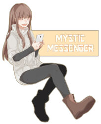 1girl black_pantyhose boots brown_boots brown_hair cellphone closed_eyes copyright_name full_body grey_sweater happy long_hair long_sleeves open_mouth pantyhose phone protagonist_(susanghan_messenger) simple_background sitting smartphone solo susanghan_messenger sweater white_background yoru_hidari