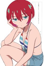 Rule 34 | 1girl, amate yuzuriha, bikini, breasts, cleavage, green eyes, gundam, gundam gquuuuuux, highres, medium breasts, odaibako, osame, red hair, short hair, shorts, simple background, sweat, swimsuit, white background