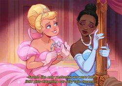 2girls artist_name black_hair blonde_hair blue_dress blue_eyes blue_gloves charlotte_la_bouff closed_eyes dark-skinned_female dark_skin dress elbow_gloves english_text eyeshadow gloves holding_tiara indoors jewelry looking_at_another luztapiaart makeup multiple_girls necklace pink_dress purple_eyeshadow strapless strapless_dress subtitled the_princess_and_the_frog tiana_(the_princess_and_the_frog) very_dark_skin watermark