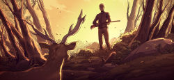 1boy blonde_hair cross cross_necklace deer faith_(game) gun holding holding_weapon jewelry john_ward log male_focus necklace outdoors pants priest rifle rock short_hair solo standing sunset tree weapon wenny02