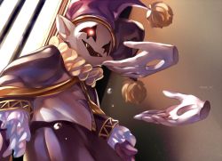 1other artist_name cage cape colored_skin deltarune fangs gloves glowing glowing_eye hat jester_cap jevil maa_tc open_mouth pointy_ears red_eyes stigmata sweatdrop w.d._gaster white_gloves white_skin