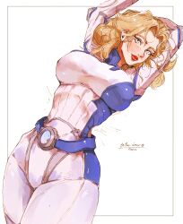 1girl 2025 arm_behind_head arms_up blonde_hair blue_eyes blush bon_drawr breasts closed_mouth commentary cowboy_shot curvy dated dutch_angle english_commentary fantastic_four female_focus highres large_breasts light_blush long_hair looking_at_viewer marvel marvel_rivals mature_female nose_blush outside_border panties parted_bangs red_lips simple_background smile solo sue_storm thick_lips thick_thighs thighs underwear wavy_hair white_background