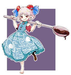 1girl arms_up bare_shoulders barefoot blue_bow blue_dress border bow breasts chinese_clothes detached_sleeves dress earrings facing_viewer full_body giant_spoon goat_horns grin hoop_earrings horns jewelry kimi3735 medium_hair pointy_ears red_eyes red_horns sharp_teeth signature simple_background sleeveless sleeveless_dress small_breasts smile solo spoon standing standing_on_one_leg teeth touhou toutetsu_yuuma white_border