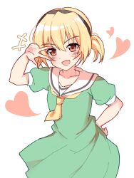 1girl absurdres alternate_hairstyle arm_up black_hairband blonde_hair cowboy_shot dress fang green_dress hair_between_eyes hairband hand_on_own_hip heart highres higurashi_no_naku_koro_ni houjou_satoko looking_at_viewer neckerchief nyako_(x_nyako_x) open_mouth puffy_short_sleeves puffy_sleeves red_eyes sailor_collar sailor_dress school_uniform short_hair short_sleeves short_twintails simple_background skin_fang smile solo standing twintails w white_background white_sailor_collar yellow_neckerchief