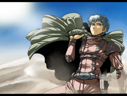 blue_eyes blue_hair chirico_cuvie cloak desert gun handgun highres holster holstered male_focus pilot_suit pistol solo soukou_kihei_votoms tukiwani weapon