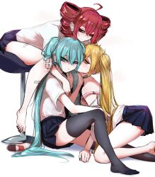 3girls akita_neru all_fours aqua_eyes aqua_hair ass bandaid blonde_hair choppy_bangs eranahh hatsune_miku highres kasane_teto kasane_teto_(utau) long_hair looking_at_viewer miniskirt multiple_girls pleated_skirt red_eyes red_hair ringlets shirt simple_background sitting skirt spread_legs strap_slip triple_baka_(vocaloid) twintails utau very_long_hair vocaloid white_background white_shirt yellow_eyes yuri
