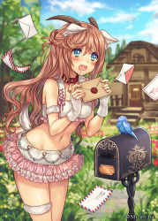 1girl animal_ears bare_shoulders bell bird blue_eyes blush braid brown_hair cloud collar company_name day door drooling female_focus fingerless_gloves flower frilled_skirt frills gloves holding horns house leaning_forward letter long_hair madogawa mailbox meadow midriff navel neck_bell official_art open_mouth original saliva shinkai_no_valkyrie sidelocks skirt sky solo stairs tail tree