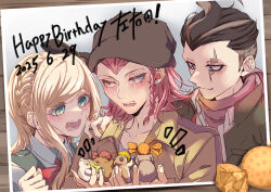 1girl 2boys absurdres aoi_rei_to black_hair blonde_hair blush braid cham-p collared_shirt danganronpa_(series) danganronpa_2:_goodbye_despair dress green_dress grey_hair happy_birthday highres jacket jum-p long_hair maga-g medium_hair multicolored_hair multiple_boys open_mouth photo_(object) pink_hair scarf shirt short_hair smile soda_kazuichi sonia_nevermind sun-d tanaka_gundham