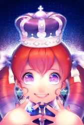 1girl blush brown_hair cross crown drill_hair earrings female_focus grin hair_ribbon heart highres jewelry long_hair looking_at_viewer momoshiki_tsubaki nail_polish original purple_crown purple_eyes purple_hair purple_nails red_hair reflection ribbon ring smile snowflakes solo star_(sky) twin_drills twintails