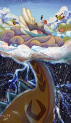 0pao above_clouds absurdres antenna_hair bird black_sky blue_sky cloud eyeshadow feathers fletchling flower from_side gen_2_pokemon gen_3_pokemon gen_6_pokemon giant grass highres horns lightning long_neck makeup mane multicolored_sky natu nintendo no_humans pokemon pokemon_(creature) pokemon_focus purple_eyes purple_fur raging_bolt rain red_eyeshadow red_feathers red_flower sky slit_pupils solid_circle_eyes spines swablu white_fur yellow_fur