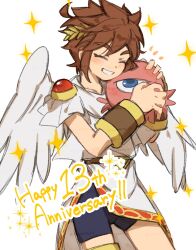 1boy ^_^ ahoge angel angel_wings anniversary belt bike_shorts blue_eyes blue_shorts blush bracer brown_belt brown_hair closed_eyes creature grin highres kid_icarus kid_icarus_uprising ko_iwari_ngo laurel_crown monoeye nintendo pit_(kid_icarus) scarf short_hair shorts sidelocks smile sparkle sparkling_aura spiked_hair thick_eyebrows too_many_watermarks watermark white_scarf white_wings wings
