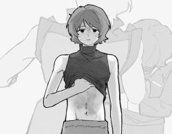 2boys bruise collarbone cowboy_shot gigantea_pp greyscale gundam injury kamille_bidan male_focus monochrome multiple_boys navel parted_lips pocket punching quattro_bajeena sleeveless sleeveless_turtleneck sweat turtleneck zeta_gundam
