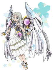 Rule 34 | 1girl, akitaka mika, ano hi mita hana no namae wo bokutachi wa mada shiranai., blue eyes, commentary request, dress, full body, grey hair, honma meiko, long hair, mecha musume, solo, sundress, textless version, wings