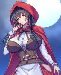 1girl absurdres animal_costume animal_ears black_hair black_nails breasts cloak cosplay full_moon hair_between_eyes hair_ornament hairclip halloween_costume highres hip_vent hood hood_up hooded_cloak huge_breasts jingei_(halloween)_(kancolle) jingei_(kancolle) kantai_collection little_red_riding_hood_(fairy_tale) little_red_riding_hood_(fairy_tale_character)_(cosplay) little_red_riding_hood_(fairy_tale_character) long_hair long_sleeves moon official_alternate_costume orange_eyes red_cloak red_hood red_skirt skirt solo volk_(bo-tan) whale_hair_ornament wolf_costume wolf_ears
