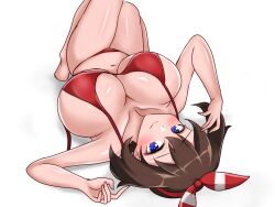 1girl bikini breast_focus breasts brown_hair closed_mouth curvy evil-m6666 highres large_breasts looking_at_viewer lying may_(pokemon) nintendo pokemon pokemon_oras purple_eyes red_bikini short_hair simple_background smile solo swimsuit thick_thighs thighs white_background