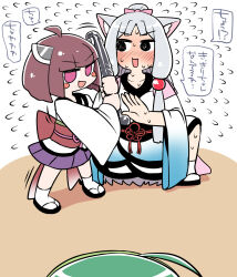 3girls :3 ahoge animal_ears blush blush_stickers brown_hair dildo flying_sweatdrops fox_ears highres japanese_clothes kimono long_hair medium_hair multiple_girls pink_eyes rantana_(lalalalackluster) sex_toy squatting touhoku_itako touhoku_kiritan touhoku_zunko translated voiceroid
