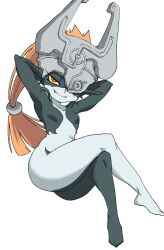 Rule 34 | 1girl, breasts, colored sclera, colored skin, crossed legs, fang, helmet, highres, imp, long hair, midna, multicolored skin, nasu (ilo a5), nintendo, one eye covered, orange hair, pointy ears, red eyes, shortstack, smile, solo, the legend of zelda, the legend of zelda: twilight princess, thick thighs, thighs, two-tone skin, yellow sclera