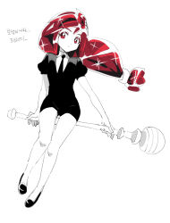 Rule 34 | 1girl, black necktie, black shirt, black shoes, black shorts, collarbone, colored skin, dede (qwea 00000), final fantasy, final fantasy ix, floating, full body, garnet til alexandros xvii, gem uniform (houseki no kuni), holding, holding staff, houseki no kuni, long hair, low-tied long hair, necktie, puffy short sleeves, puffy sleeves, red eyes, red hair, shirt, shoes, short sleeves, shorts, solo, sparkle, staff, white background, white shirt, white skin