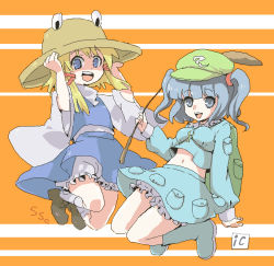2girls backpack bad_id bad_pixiv_id bag blonde_hair bloomers blue_eyes blue_hair boots female_focus hand_on_headwear hat ica kawashiro_nitori key midriff moriya_suwako multiple_girls navel oekaki randoseru reeds short_hair touhou two_side_up underwear white_bloomers