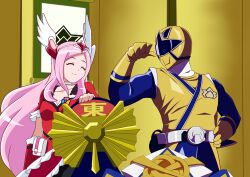 Rule 34 | 1boy, 1girl, absurdres, arm up, assault visor, belt, belt buckle, blue bodysuit, bodysuit, breasts, buckle, choker, clenched hand, closed eyes, closed mouth, clover brooch, cockpit, cowboy shot, crossover, cure passion, diamond hair ornament, dress, fresh precure!, frilled dress, frills, gloves, gold bodysuit, gold gloves, gold helmet, hair ornament, head wings, heart, heart hair ornament, helmet, higashi setsuna, highres, layered skirt, long hair, magical girl, multicolored bodysuit, muscular, muscular male, parted lips, pink hair, pouch, precure, red arm warmers, red dress, red sleeves, samurai sentai shinkenger, season connection, shinken gold, silver belt, skirt, small breasts, smile, super sentai, tiara, tirofinire, tokusatsu, two-tone bodysuit, umemori genta, white choker, wing hair ornament, wings, wrist cuffs