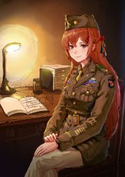 101_airborne 1girl airborne award_ribbon belt belt_buckle blush book breasts brown_eyes brown_hair brown_hat brown_jacket brown_shirt buckle chair chinese_commentary closed_mouth collar collared_shirt commentary_request female_focus from_side garrison_cap hair_ornament hat jacket lips long_hair long_jacket long_sleeves medium_breasts military military_dress_uniform military_hat military_jacket military_uniform necktie neckwear_request original own_hands_together pants paratrooper patch shirt shoulder_patch shoulder_strap sitting smile solo table tuziki_sang united_states united_states_army yellow_necktie yellow_pants
