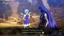 blue_hair cirno desert dialogue_box fairy highres ihrorob long_hair meme non-web_source shin_megami_tensei shin_megami_tensei_v shin_megami_tensei_v:_vengeance touhou