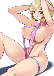 1girl amidori armpits arms_behind_head blonde_hair breasts brown_hair cleavage covered_erect_nipples green_eyes haruka_(senran_kagura) large_breasts looking_back medium_hair navel one-piece_swimsuit senran_kagura slingshot_swimsuit solo swimsuit thigh_strap white_background