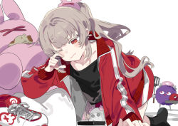 1girl all_fours animal black_shirt black_socks blush cat closed_mouth commentary fang grey_hair hair_ornament jacket karei long_hair long_sleeves natori_sana natori_sana_(jersey) one_eye_closed open_clothes open_jacket ponytail rabbit_hair_ornament red_eyes red_jacket red_shorts rubbing_eyes saana-kun sana_channel shirt shoes shorts simple_background skin_fang sneakers socks spatula stuffed_animal stuffed_rabbit stuffed_toy symbol-only_commentary track_jacket unworn_shoes virtual_youtuber white_background