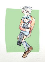 1boy 1girl ace_attorney aged_down black_pantyhose black_shoes blue_hair brown_shoes child franziska_von_karma grey_hair headband highres memeko_book miles_edgeworth pantyhose shoes short_hair sitting sitting_on_person socks