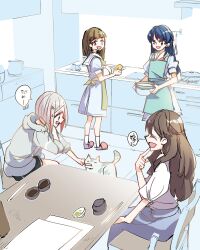 Rule 34 | 4girls, apron, black shorts, blue apron, blue eyes, blue hair, blue skirt, bowl, brown hair, cat, chair, chopsticks, closed eyes, commentary request, cooking pot, dining room, dollchestra, finger to own chin, fujishima megumi, fujishima megumi (summer casual), green apron, green cat, grey hair, grey jacket, hair ornament, half updo, hasu no sora school uniform, highres, holding, holding cooking pot, indoors, jacket, kachimachi kosuzu, kanduki kamibukuro, kitchen, link! like! love live!, long skirt, looking at animal, looking at another, love live!, multicolored hair, multiple girls, murano sayaka, on chair, pink eyes, profile, puffy short sleeves, puffy sleeves, red hair, red slippers, school uniform, shirt, short shorts, short sleeves, shorts, sitting, skirt, slippers, standing, star (symbol), star hair ornament, streaked hair, summer uniform, table, three-quarter sleeves, two side up, virtual youtuber, white shirt, yugiri tsuzuri, yugiri tsuzuri (summer training wear)