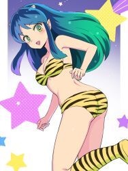 Rule 34 | 1girl, :d, animal print, ass, bikini, blue eyes, blush, boots, breasts, cleavage, cone horns, eyeshadow, from behind, green eyes, green eyeshadow, green hair, highres, horns, irinogoma, long hair, looking at viewer, lum, makeup, medium breasts, navel, oni, open mouth, pointy ears, smile, solo, star (symbol), strapless, strapless bikini, swimsuit, tiger print, urusei yatsura