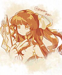 1girl commentary_request detached_sleeves expressionless girl_who_trained_on_mt._haku_(touhou) gohei hair_ribbon holding holding_gohei japanese_clothes kimono long_hair long_sleeves monochrome papipu_pipi portrait_of_exotic_girls ribbon side_ponytail solo touhou upper_body very_long_hair