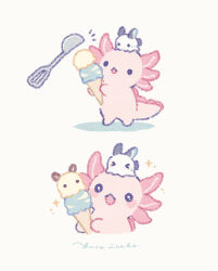&gt;_&lt; :3 animal animal-themed_food animal_focus artist_name axolotl blush_stickers food ice_cream ice_cream_scoop no_humans open_mouth original sea_bunny signature simple_background sparkle white_background yurano_(upao)