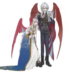 1boy 1girl absurdres boots clothes_lift dagger demon_boy demon_girl dress dress_lift food formal_clothes full_body grey_hair highres horns ice_cream jacket knife koze_niire kuzuha_(nijisanji) lifting_own_clothes long_hair looking_at_viewer makaino_ririmu multicolored_hair nijisanji open_mouth platform_footwear platform_heels pointy_ears red_eyes red_hair red_horns red_wings smile standing two-tone_hair virtual_youtuber weapon wings