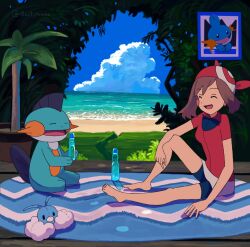 Rule 34 | 1girl, bandana, beach, bike shorts, bike shorts under shorts, breasts, brown hair, closed eyes, gen 3 pokemon, highres, marshtomp, may (pokemon), nintendo, ocean, open mouth, palm tree, pokemon, pokemon (creature), pokemon rse, ramune, red bandana, red shirt, rowdon, shirt, short hair, shorts, shorts under shorts, smile, swablu, towel, tree