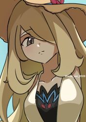 Rule 34 | 1girl, blonde hair, blue background, brown hat, closed mouth, cynthia (pokemon), cynthia (summer 2025) (pokemon), flower, grey eyes, hair over one eye, hat, hat flower, highres, kame san, long hair, looking at viewer, nintendo, official alternate costume, pokemon, pokemon masters ex, red flower, solo, sun hat, twitter username, upper body