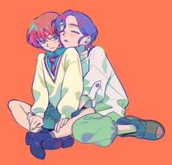 1boy 1girl amate_yuzuriha aqua_eyes blue_hair blush closed_eyes collared_shirt full_body gloves gundam gundam_gquuuuuux highres hug hug_from_behind long_sleeves necktie open_mouth orange_background pants red_hair school_uniform sengwaa shirt shoes short_hair shuji_ito simple_background sitting skirt sweater white_shirt
